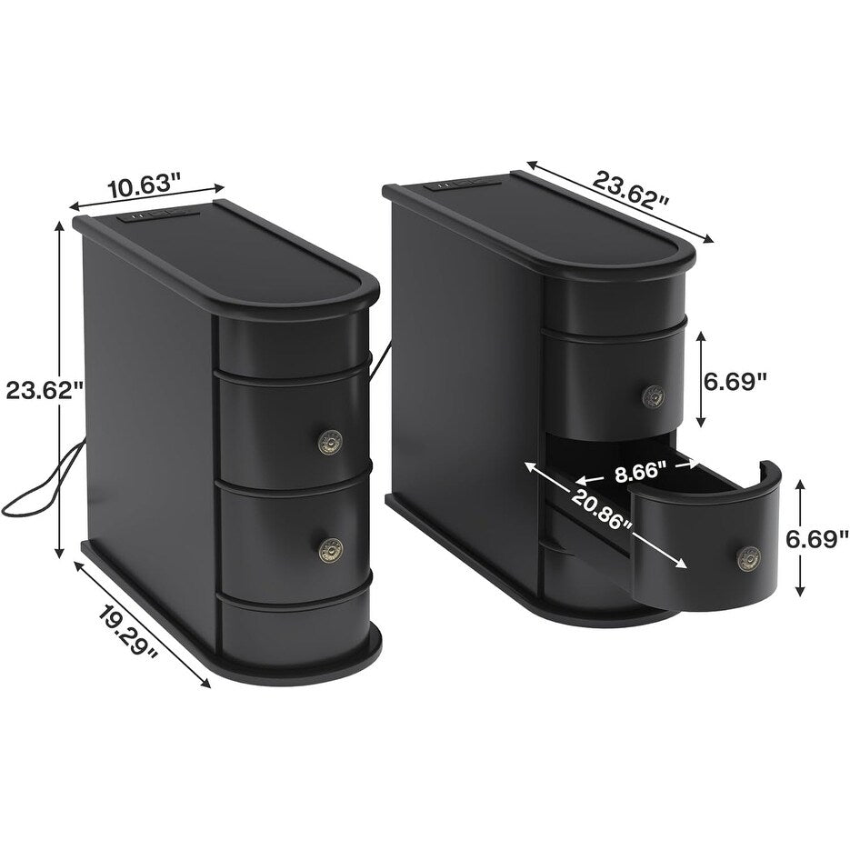 Table d'appoint en bois massif, table de chevet étroite à deux tiroirs, modèle Slim