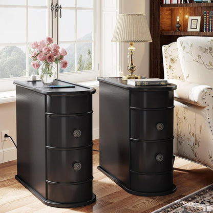 Table d'appoint en bois massif, table de chevet étroite à deux tiroirs, modèle Slim