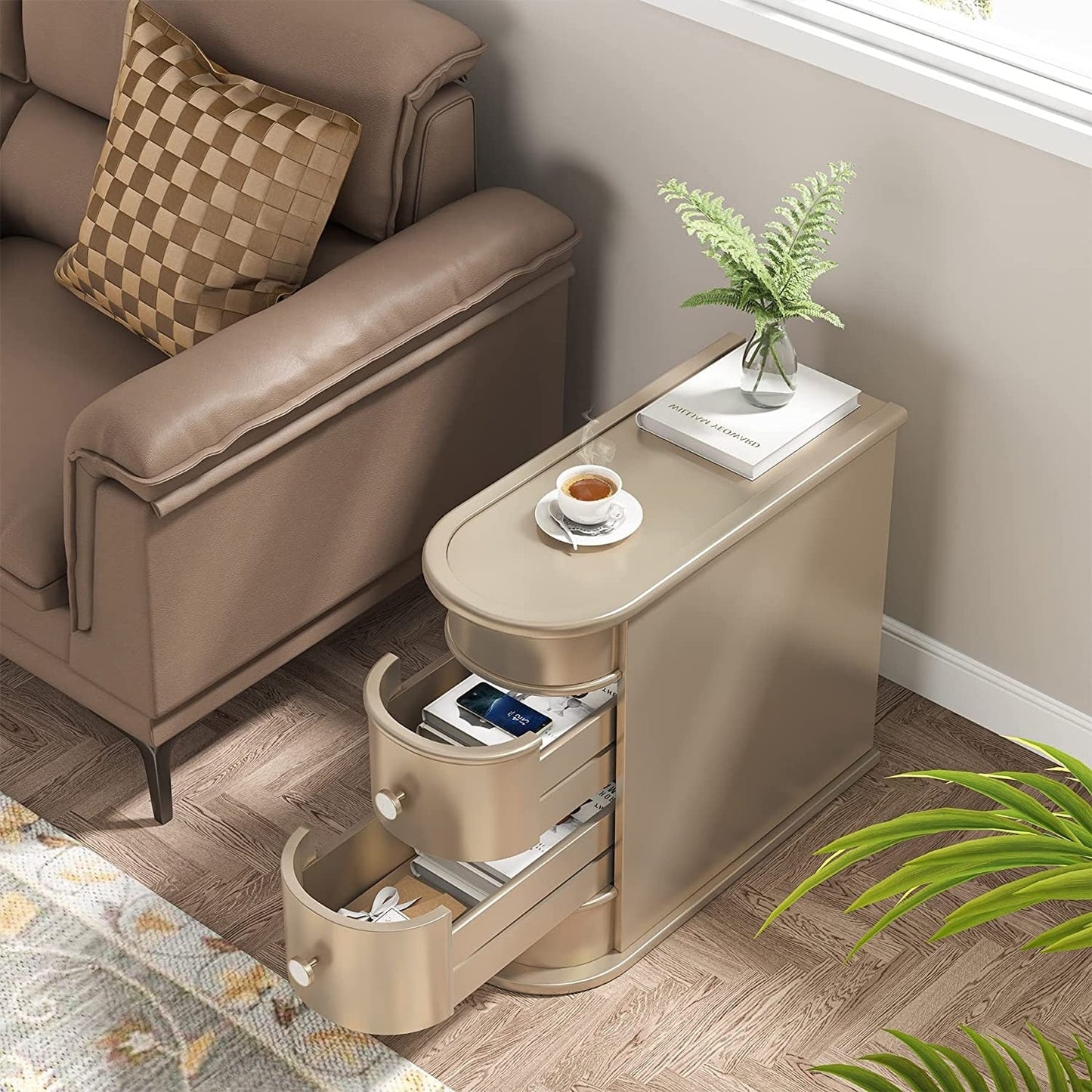 Table d'appoint en bois massif, table de chevet étroite à deux tiroirs, modèle Slim