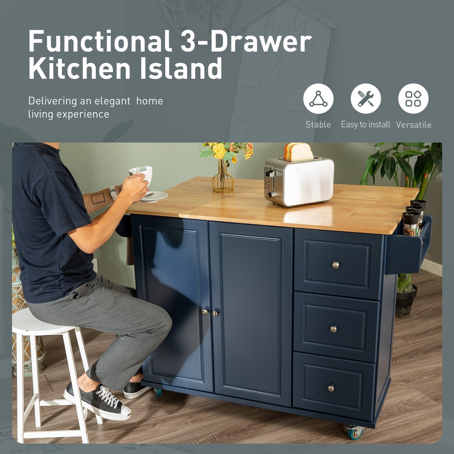 Chariot d'îlot de cuisine Sophia &amp; William avec plateau rabattable et plateau en bois de caoutchouc, chariot de cuisine roulant avec grand placard de rangement