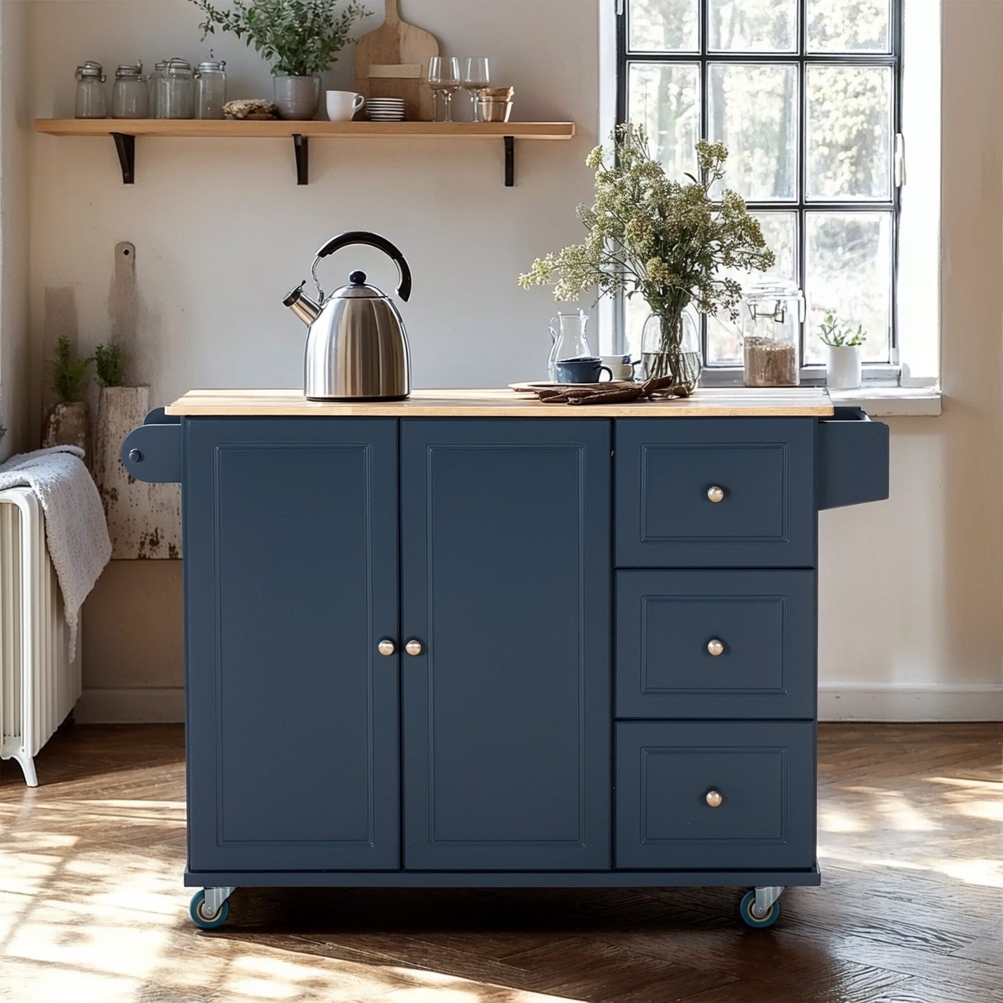 Chariot d'îlot de cuisine Sophia &amp; William avec plateau rabattable et plateau en bois de caoutchouc, chariot de cuisine roulant avec grand placard de rangement