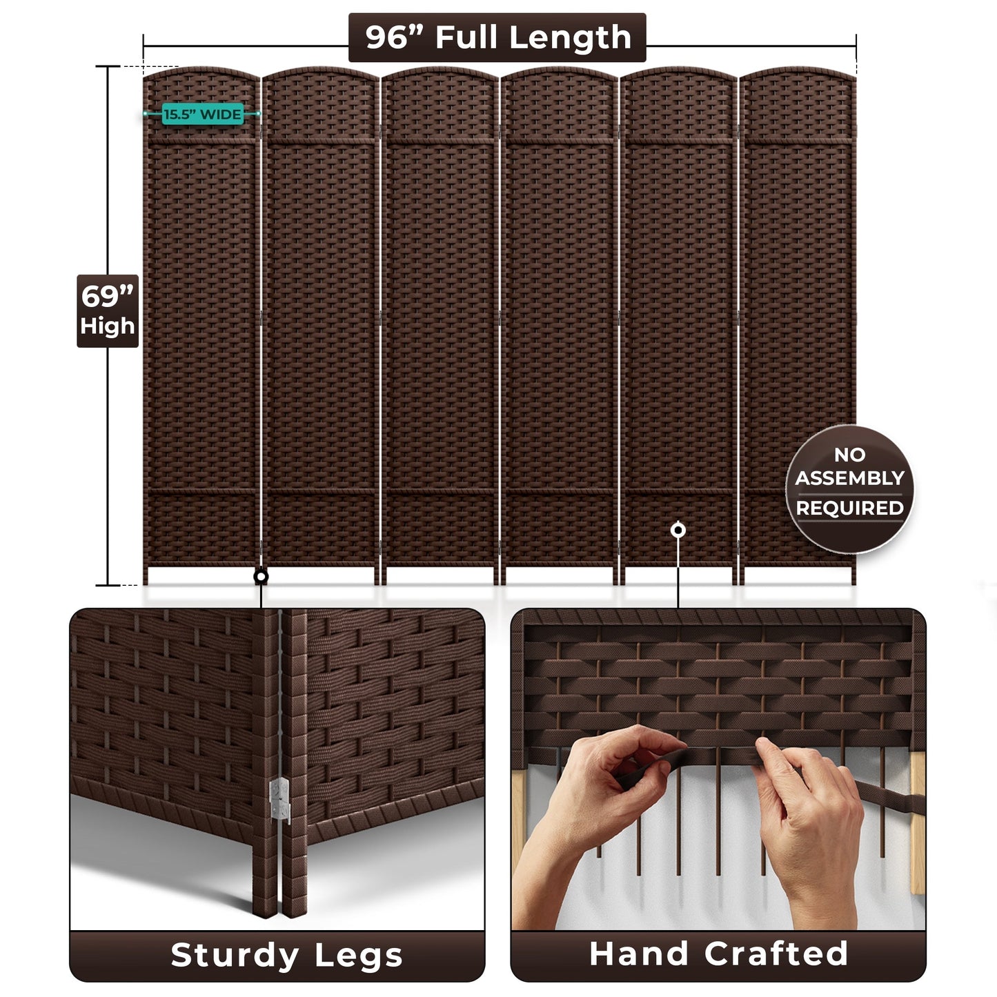 Sorbus Écran de séparation de pièce à 6 panneaux, grand écran de confidentialité, extra large, à double charnière, en maille tissée à la main, pliable - 6 pieds