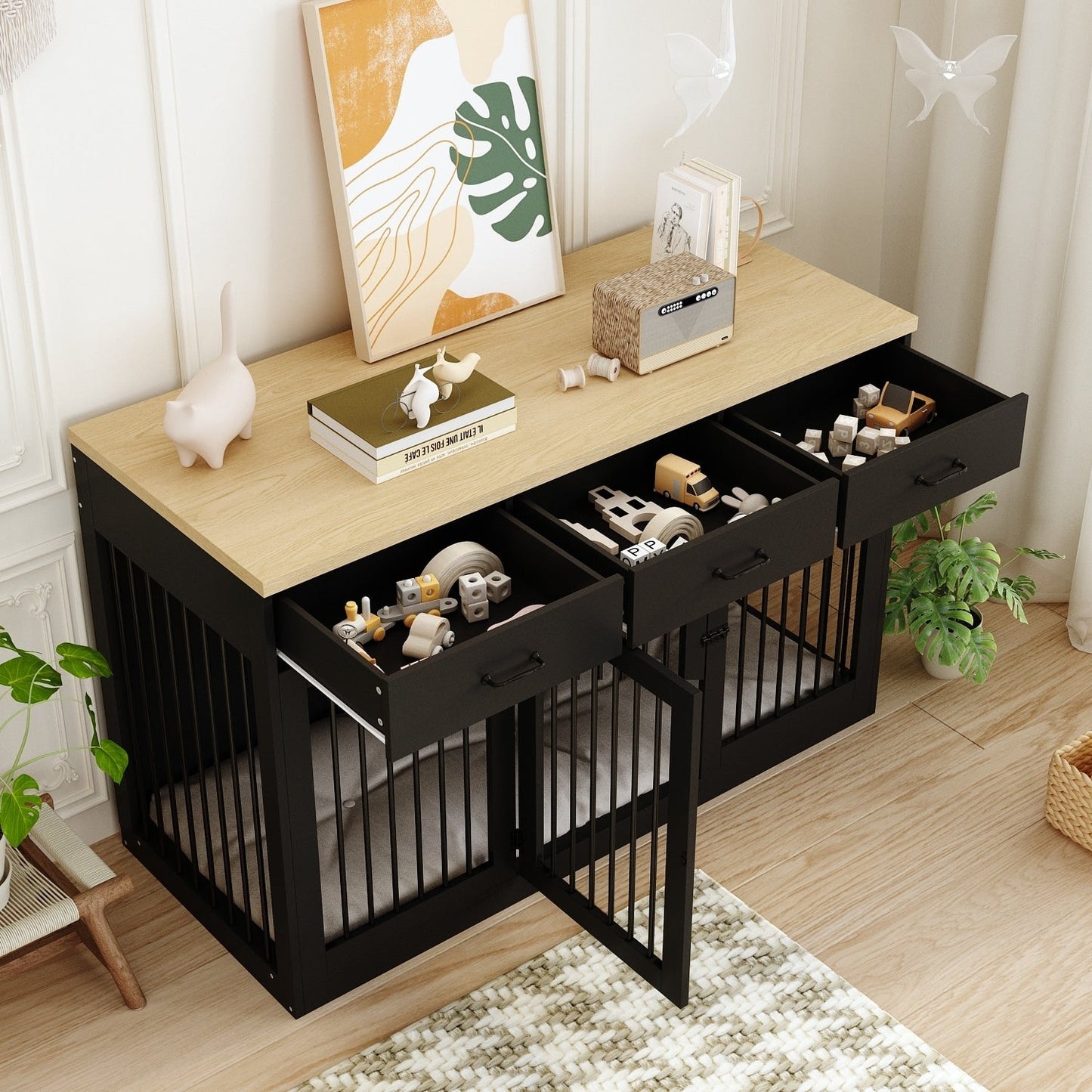 Meuble-cage pour chien en bois élégant avec rangement, 3 tiroirs