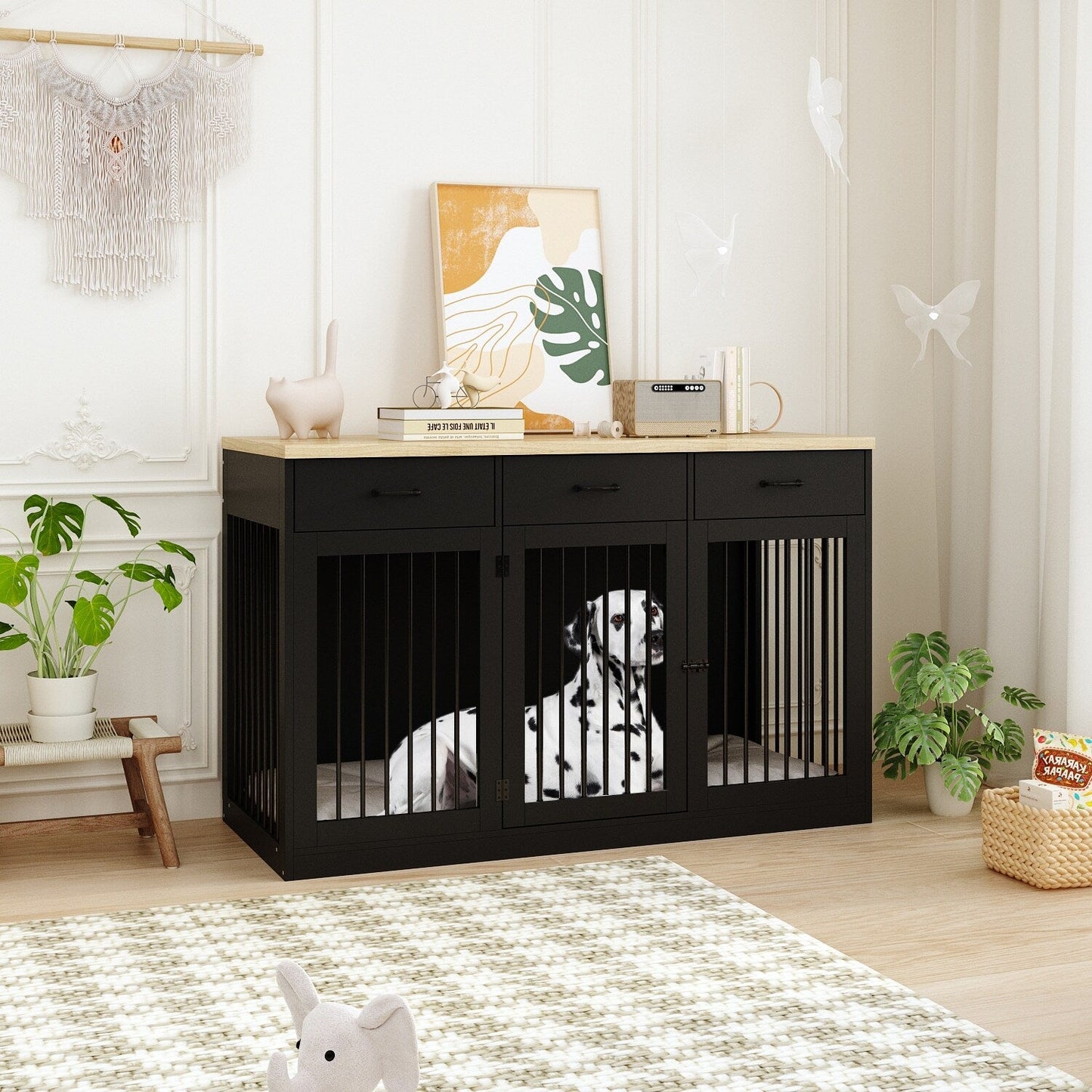Meuble-cage pour chien en bois élégant avec rangement, 3 tiroirs