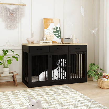 Meuble-cage pour chien en bois élégant avec rangement, 3 tiroirs