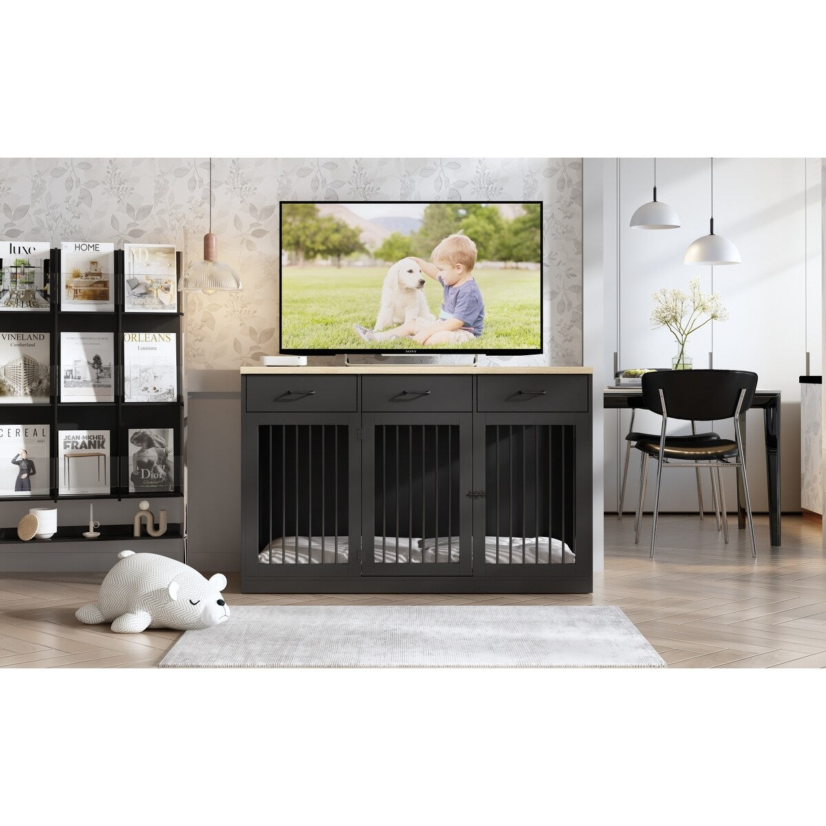 Meuble-cage pour chien en bois élégant avec rangement, 3 tiroirs