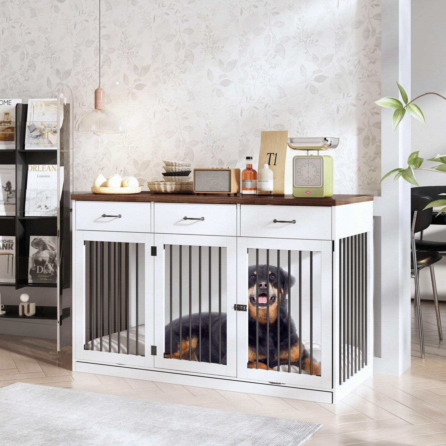 Meuble-cage pour chien en bois élégant avec rangement, 3 tiroirs