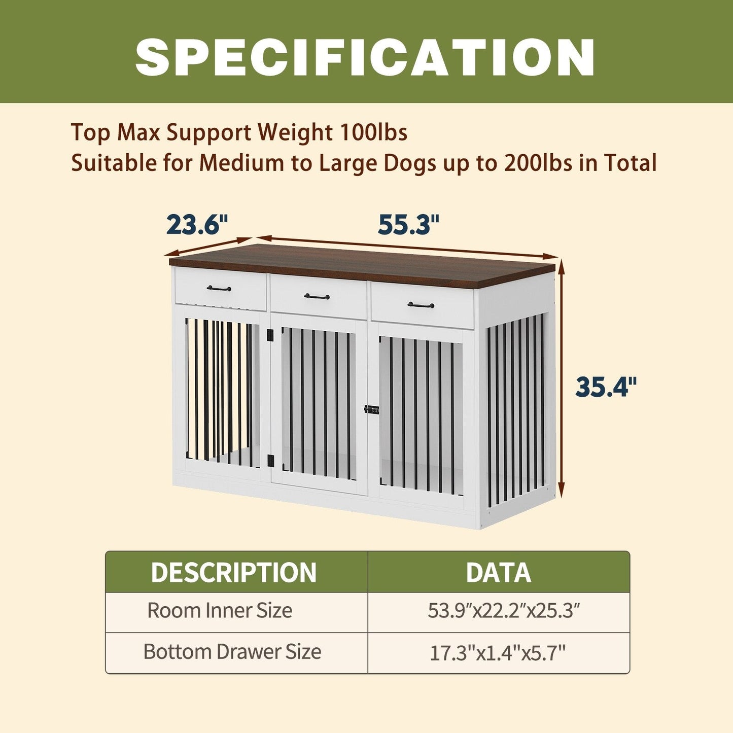 Meuble-cage pour chien en bois élégant avec rangement, 3 tiroirs