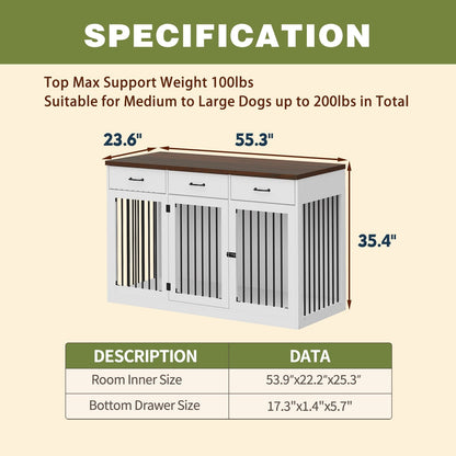 Meuble-cage pour chien en bois élégant avec rangement, 3 tiroirs