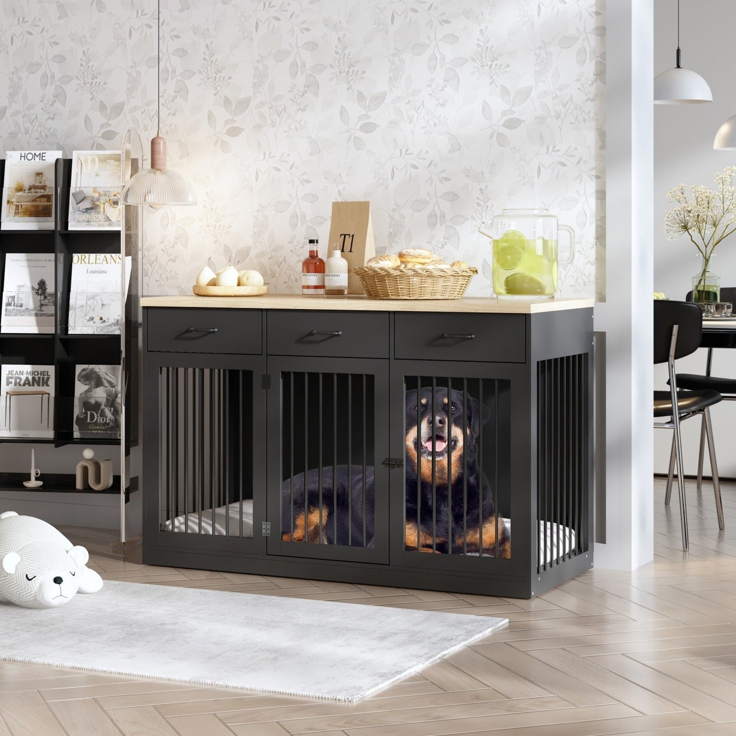 Meuble-cage pour chien en bois élégant avec rangement, 3 tiroirs