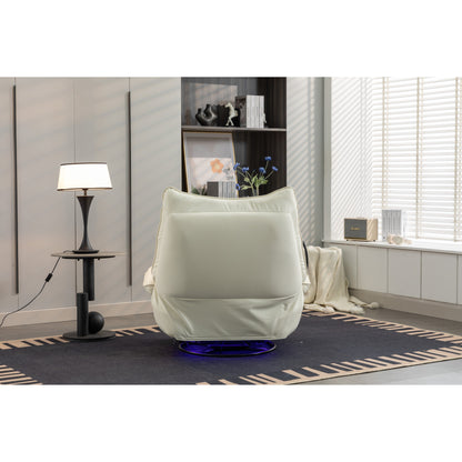Fauteuil inclinable pivotant à glissement électrique avec haut-parleurs Bluetooth, porte-téléphone, ports de charge USB et Type-C, et rangement caché dans les accoudoirs.