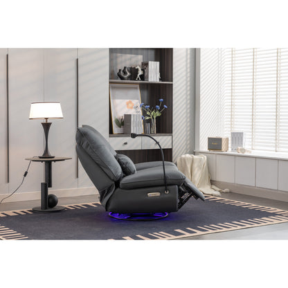 Fauteuil inclinable pivotant à glissement électrique avec haut-parleurs Bluetooth, porte-téléphone, ports de charge USB et Type-C, et rangement caché dans les accoudoirs.
