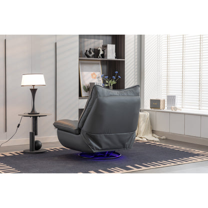 Fauteuil inclinable pivotant à glissement électrique avec haut-parleurs Bluetooth, porte-téléphone, ports de charge USB et Type-C, et rangement caché dans les accoudoirs.