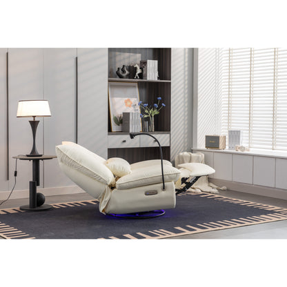 Fauteuil inclinable pivotant à glissement électrique avec haut-parleurs Bluetooth, porte-téléphone, ports de charge USB et Type-C, et rangement caché dans les accoudoirs.
