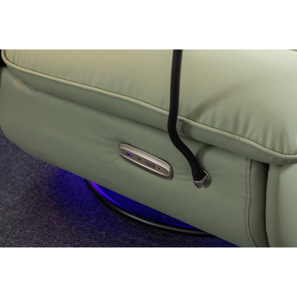 Fauteuil inclinable pivotant à glissement électrique avec haut-parleurs Bluetooth, porte-téléphone, ports de charge USB et Type-C, et rangement caché dans les accoudoirs.