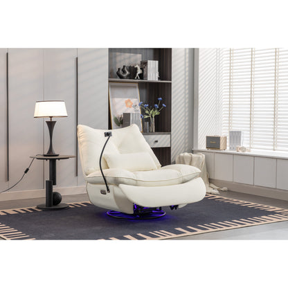 Fauteuil inclinable pivotant à glissement électrique avec haut-parleurs Bluetooth, porte-téléphone, ports de charge USB et Type-C, et rangement caché dans les accoudoirs.