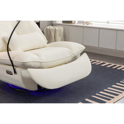 Fauteuil inclinable pivotant à glissement électrique avec haut-parleurs Bluetooth, porte-téléphone, ports de charge USB et Type-C, et rangement caché dans les accoudoirs.
