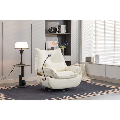 Fauteuil inclinable pivotant à glissement électrique avec haut-parleurs Bluetooth, porte-téléphone, ports de charge USB et Type-C, et rangement caché dans les accoudoirs.