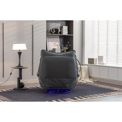 Fauteuil inclinable pivotant à glissement électrique avec haut-parleurs Bluetooth, porte-téléphone, ports de charge USB et Type-C, et rangement caché dans les accoudoirs.