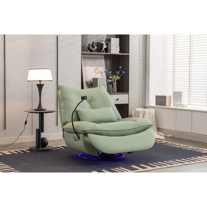 Fauteuil inclinable pivotant à glissement électrique avec haut-parleurs Bluetooth, porte-téléphone, ports de charge USB et Type-C, et rangement caché dans les accoudoirs.
