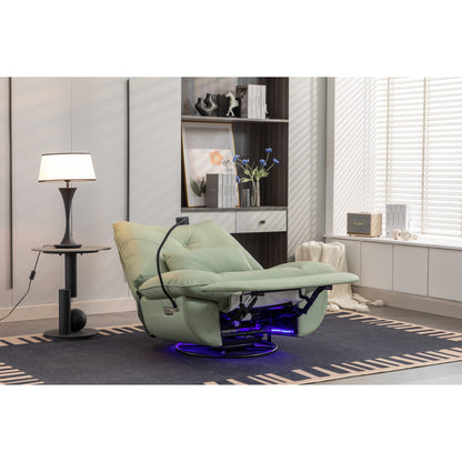Fauteuil inclinable pivotant à glissement électrique avec haut-parleurs Bluetooth, porte-téléphone, ports de charge USB et Type-C, et rangement caché dans les accoudoirs.