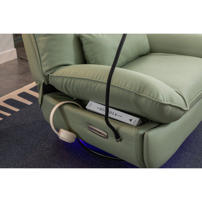 Fauteuil inclinable pivotant à glissement électrique avec haut-parleurs Bluetooth, porte-téléphone, ports de charge USB et Type-C, et rangement caché dans les accoudoirs.