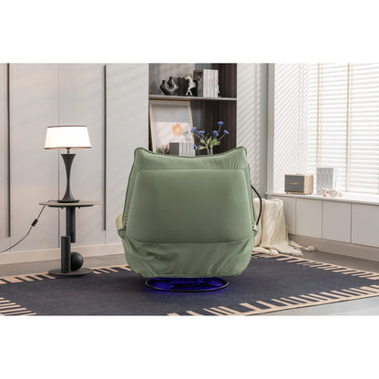 Fauteuil inclinable pivotant à glissement électrique avec haut-parleurs Bluetooth, porte-téléphone, ports de charge USB et Type-C, et rangement caché dans les accoudoirs.