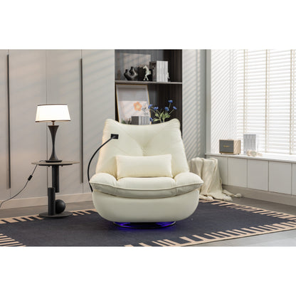 Fauteuil inclinable pivotant à glissement électrique avec haut-parleurs Bluetooth, porte-téléphone, ports de charge USB et Type-C, et rangement caché dans les accoudoirs.