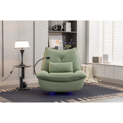 Fauteuil inclinable pivotant à glissement électrique avec haut-parleurs Bluetooth, porte-téléphone, ports de charge USB et Type-C, et rangement caché dans les accoudoirs.