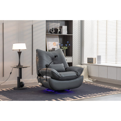 Fauteuil inclinable pivotant à glissement électrique avec haut-parleurs Bluetooth, porte-téléphone, ports de charge USB et Type-C, et rangement caché dans les accoudoirs.