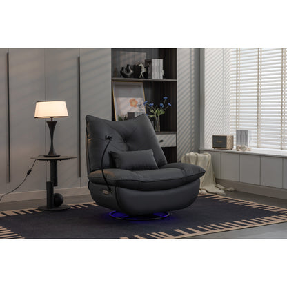 Fauteuil inclinable pivotant à glissement électrique avec haut-parleurs Bluetooth, porte-téléphone, ports de charge USB et Type-C, et rangement caché dans les accoudoirs.