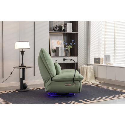 Fauteuil inclinable pivotant à glissement électrique avec haut-parleurs Bluetooth, porte-téléphone, ports de charge USB et Type-C, et rangement caché dans les accoudoirs.