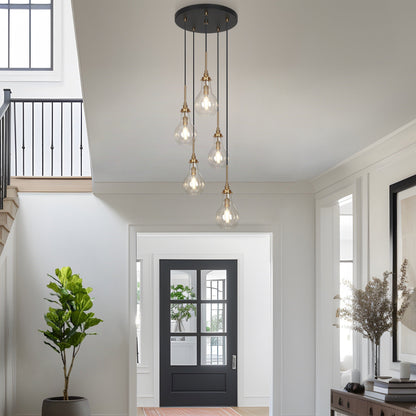Synia Lustre moderne à 5 lumières en forme de goutte d'eau, suspension pour escalier, entrée, plafonds hauts - D15'' x H18.2-74.2''