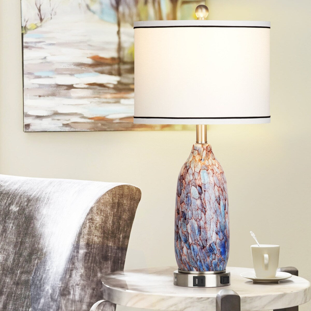 Lampe de table avec veilleuse 2 en 1, corps en verre indigo, ports de charge, prise secteur, abat-jour tambour, interrupteur tactile avec gradation (lot de 2)