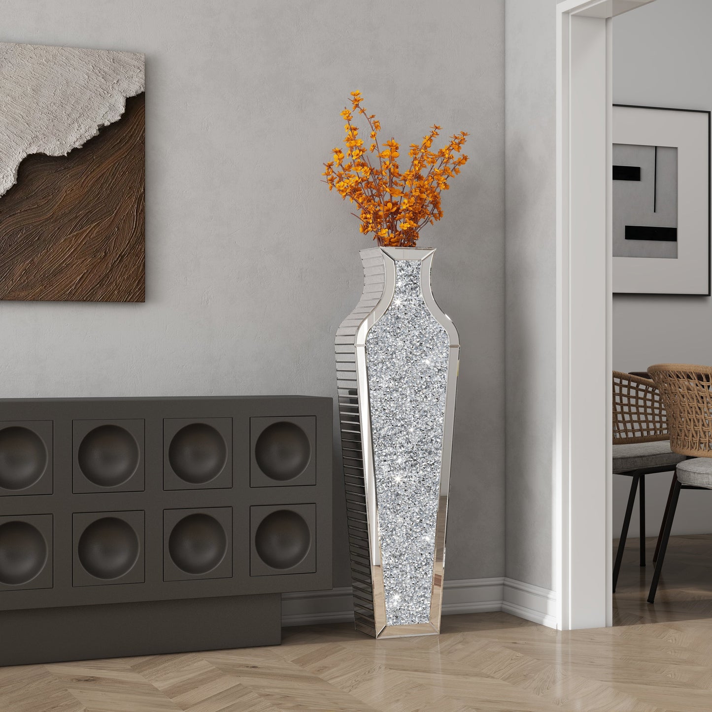 Grand vase de sol en verre concassé et décoré de diamants