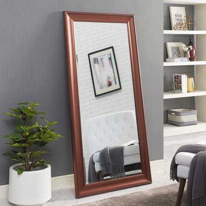 Grand miroir, miroir pleine taille, miroir rectangulaire mural suspendu, avec cadre en faux bois lisse.