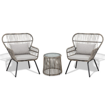 Ensemble de bistro en osier tressé pour extérieur, 3 pièces, ensemble de chaises de patio en rotin résistant aux intempéries avec coussins.