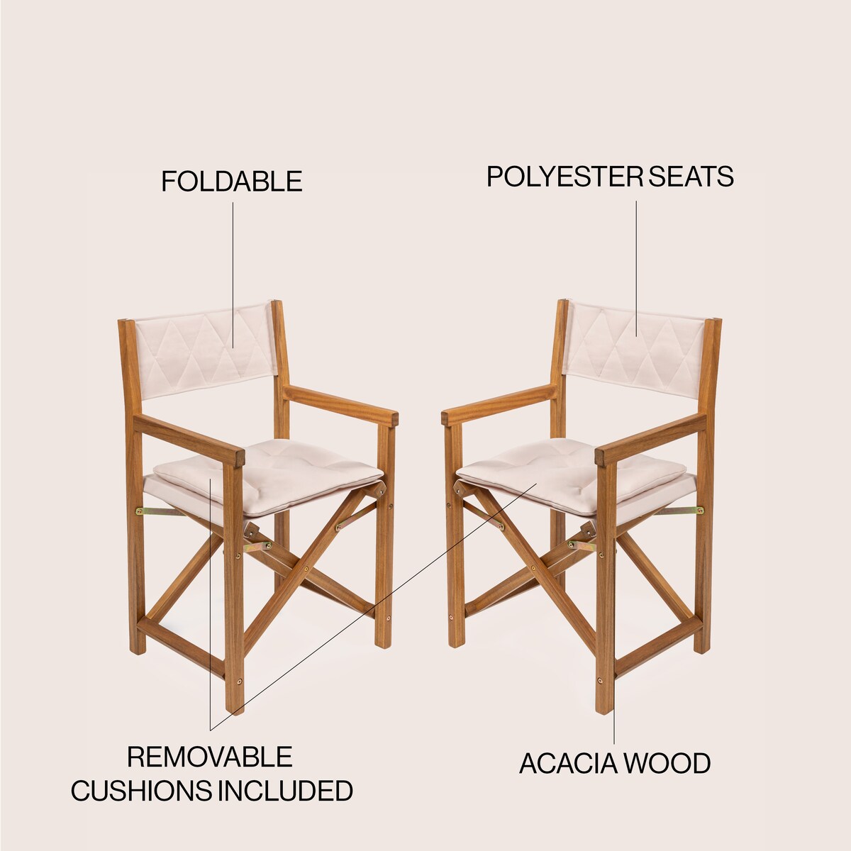 Chaise de réalisateur pliable en bois d'acacia pour extérieur, dossier en losanges matelassés, style milieu de siècle, avec coussin, modèle Theo Classic, par JONATHAN Y (lot de 2)