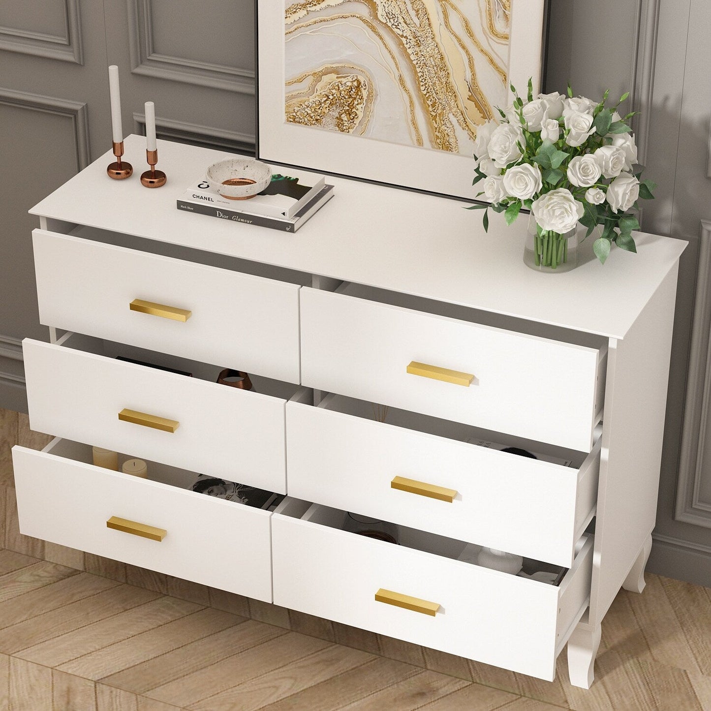 Commode double Timechee à 6 tiroirs, 120 cm de large, pieds en bois massif, laquée.