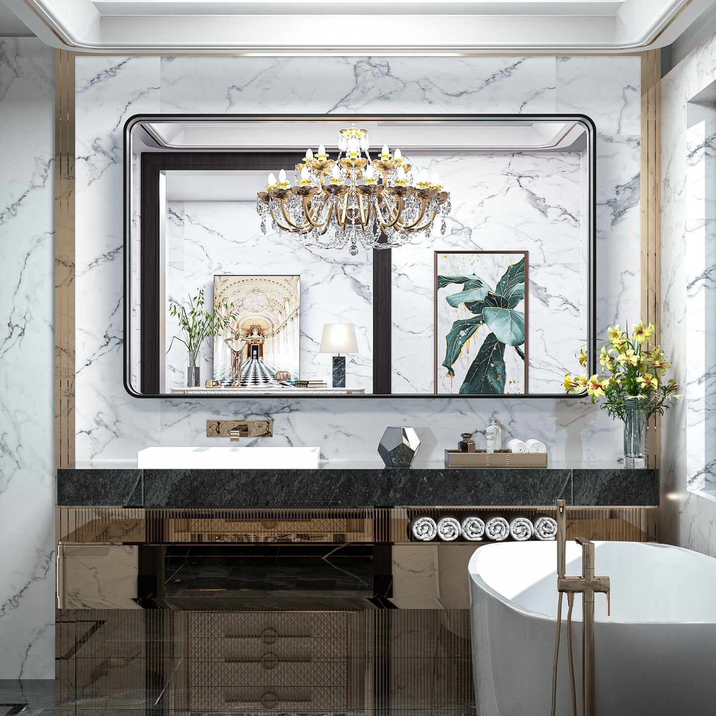 TokeShimi Miroir mural de salle de bain avec cadre métallique moderne