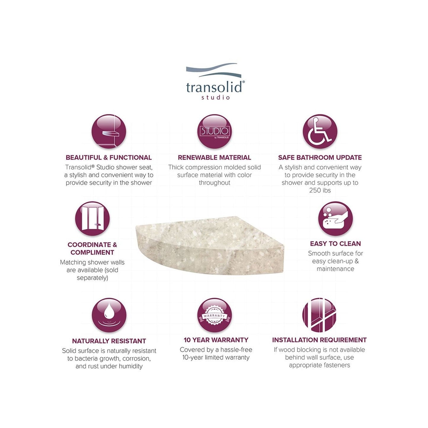 Transolid Studio, siège de douche d'angle mural en surface solide, 35,5 x 35,5 cm - 36,8 x 36,2 x 7,6 cm