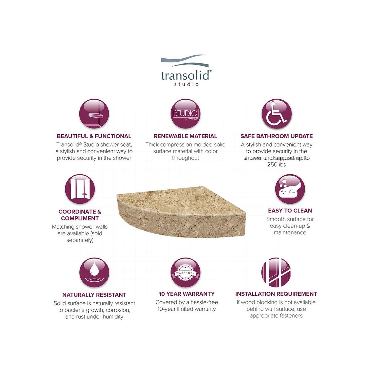 Transolid Studio, siège de douche d'angle mural en surface solide, 35,5 x 35,5 cm - 36,8 x 36,2 x 7,6 cm