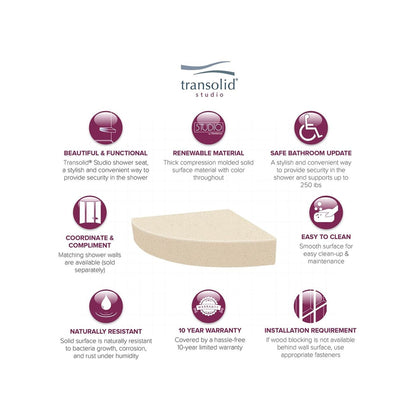 Transolid Studio, siège de douche d'angle mural en surface solide, 35,5 x 35,5 cm - 36,8 x 36,2 x 7,6 cm