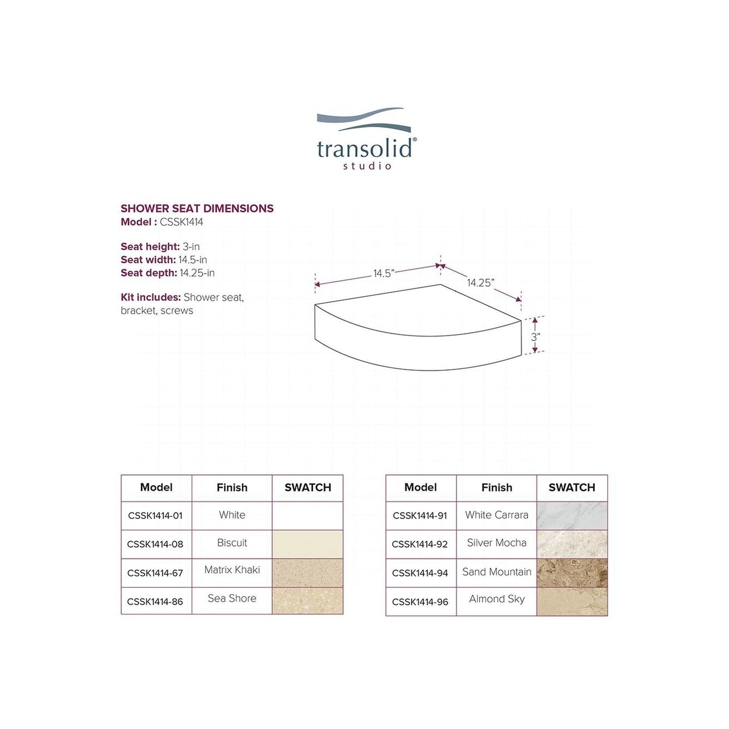Transolid Studio, siège de douche d'angle mural en surface solide, 35,5 x 35,5 cm - 36,8 x 36,2 x 7,6 cm