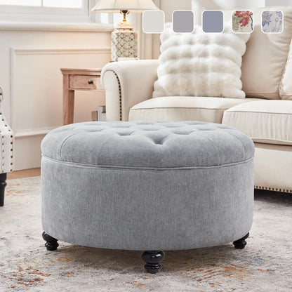 Tabouret de rangement rond capitonné, grand modèle, pied repose-pieds, beige/gris/bleu