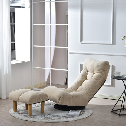 Ensemble de fauteuil inclinable sans accoudoirs, recouvert de tissu, avec repose-pieds et repose-tête réglable.