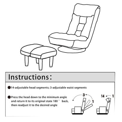 Ensemble de fauteuil inclinable sans accoudoirs, recouvert de tissu, avec repose-pieds et repose-tête réglable.