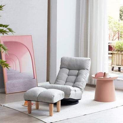 Ensemble de fauteuil inclinable sans accoudoirs, recouvert de tissu, avec repose-pieds et repose-tête réglable.