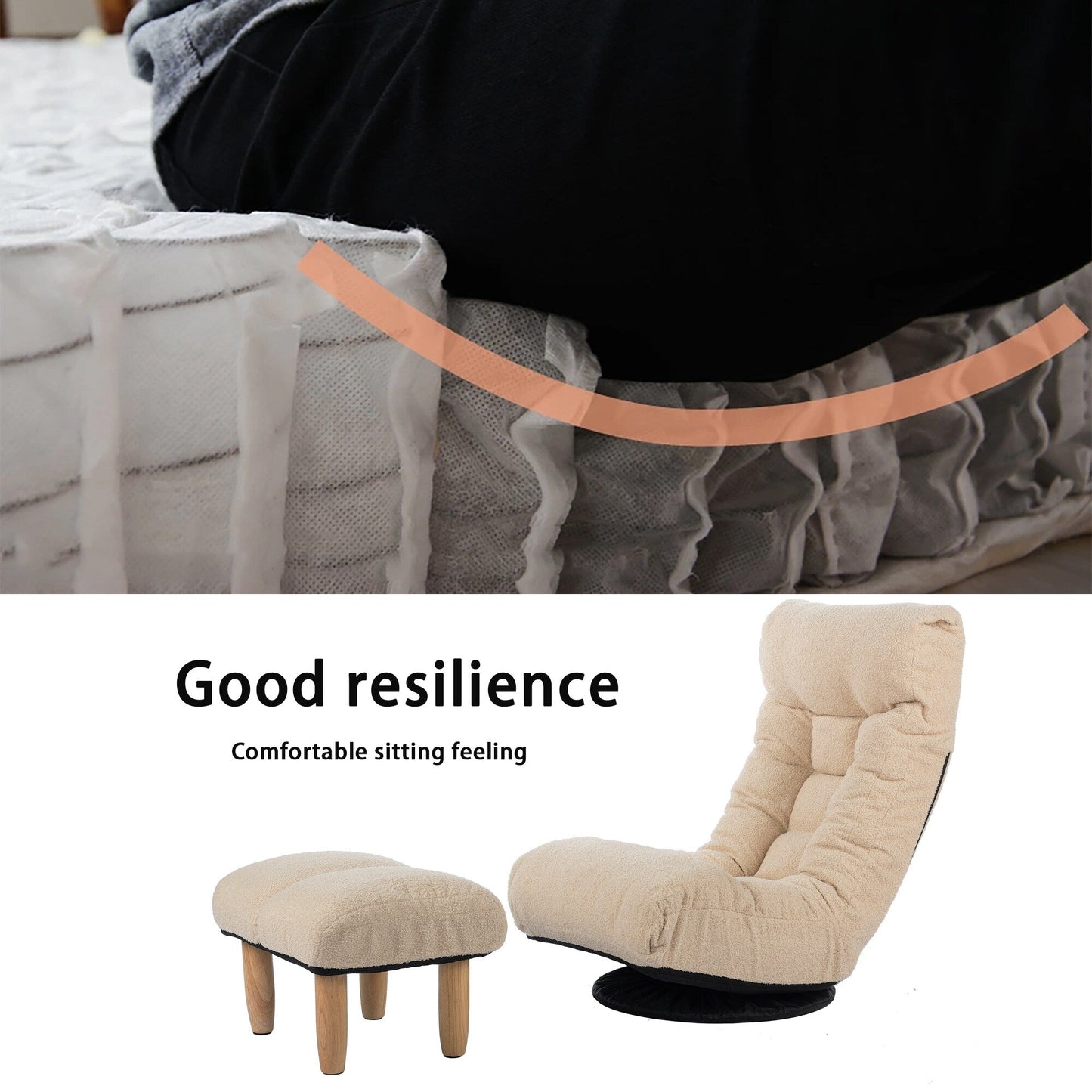 Ensemble de fauteuil inclinable sans accoudoirs, recouvert de tissu, avec repose-pieds et repose-tête réglable.