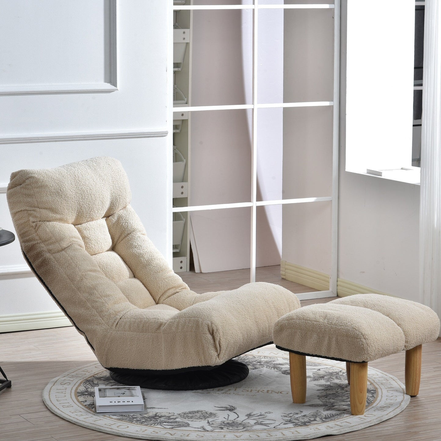 Ensemble de fauteuil inclinable sans accoudoirs, recouvert de tissu, avec repose-pieds et repose-tête réglable.